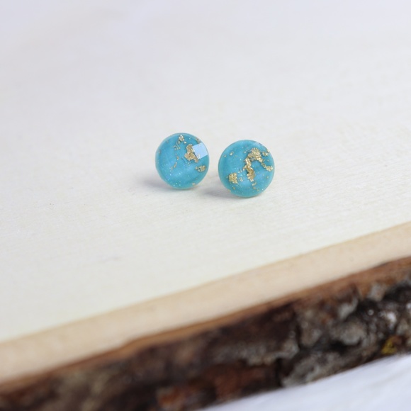 Handmade Jewelry - Turquoise Gold Leaf Faceted Cabochon Stud Earrings